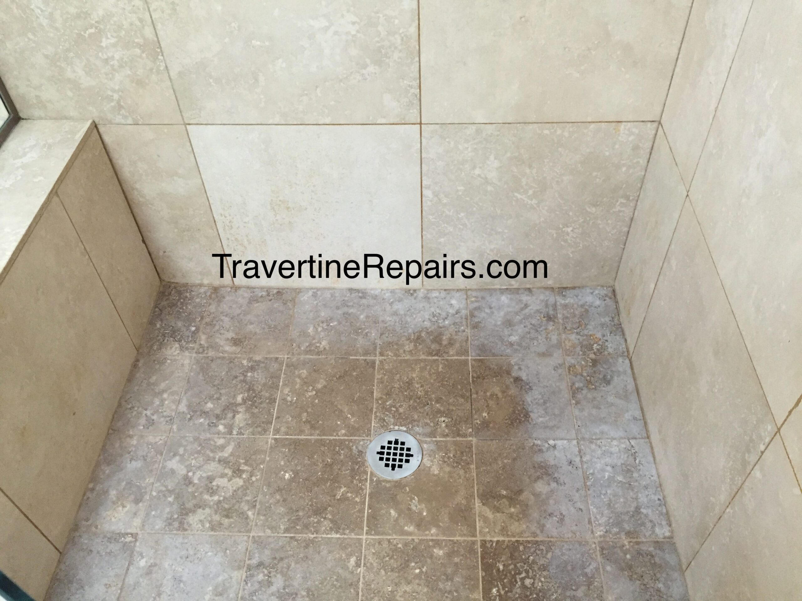 Travertine Shower Before Cleaning and Sealing